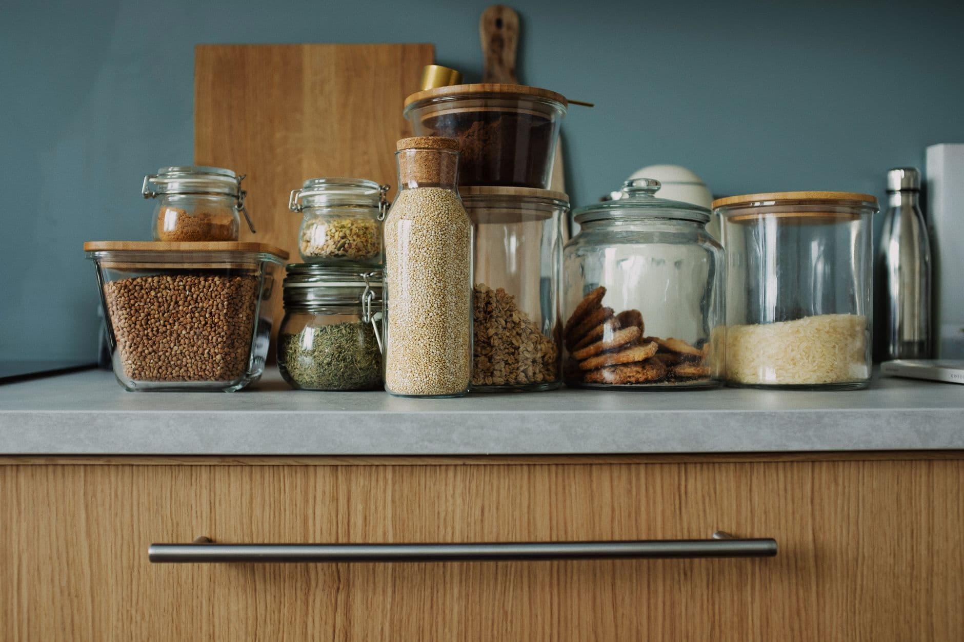 Portioned whole foods in glass storage jars